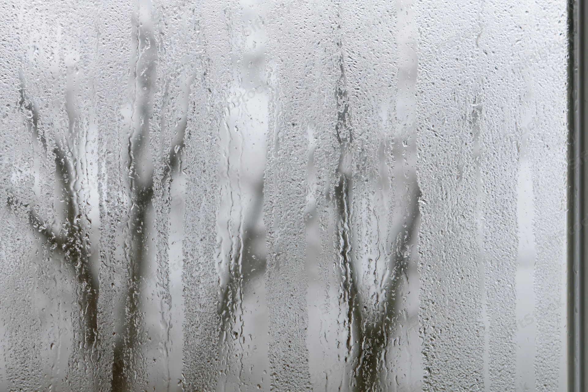 Fogged window pane covered in condensation with water droplets and streaks