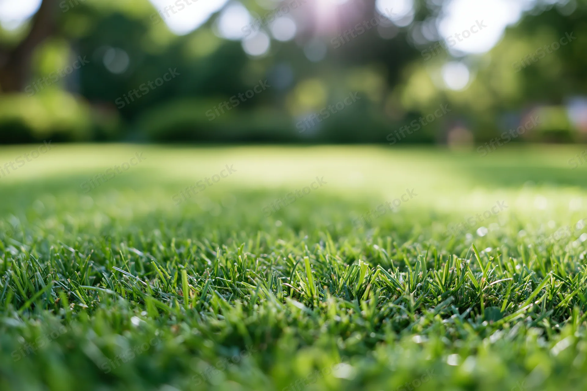 Close ground-level view of lush green grass lawn stretching into a sunlit park with blurred trees in the background