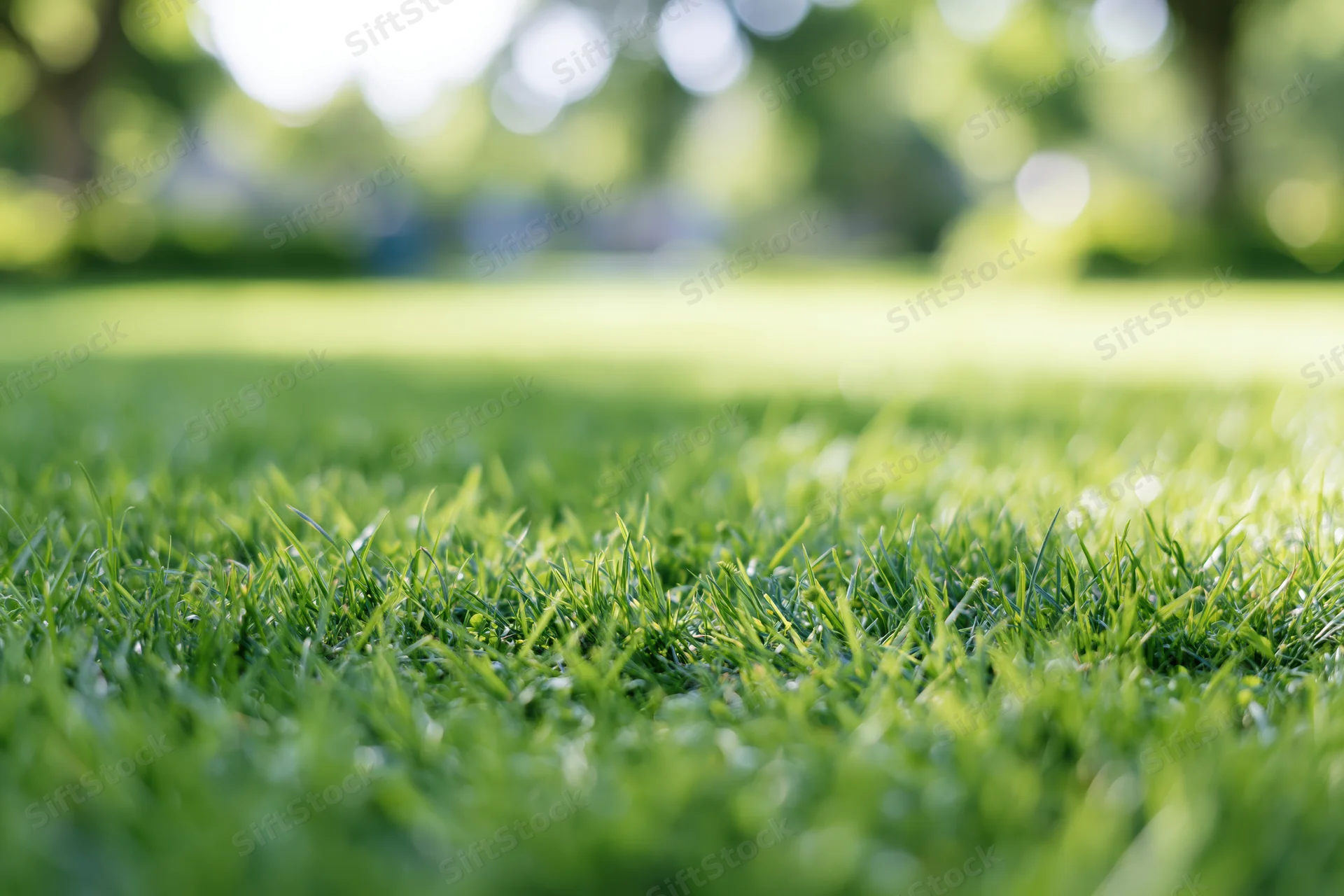 Close ground-level view of lush green grass lawn stretching into a blurred park background