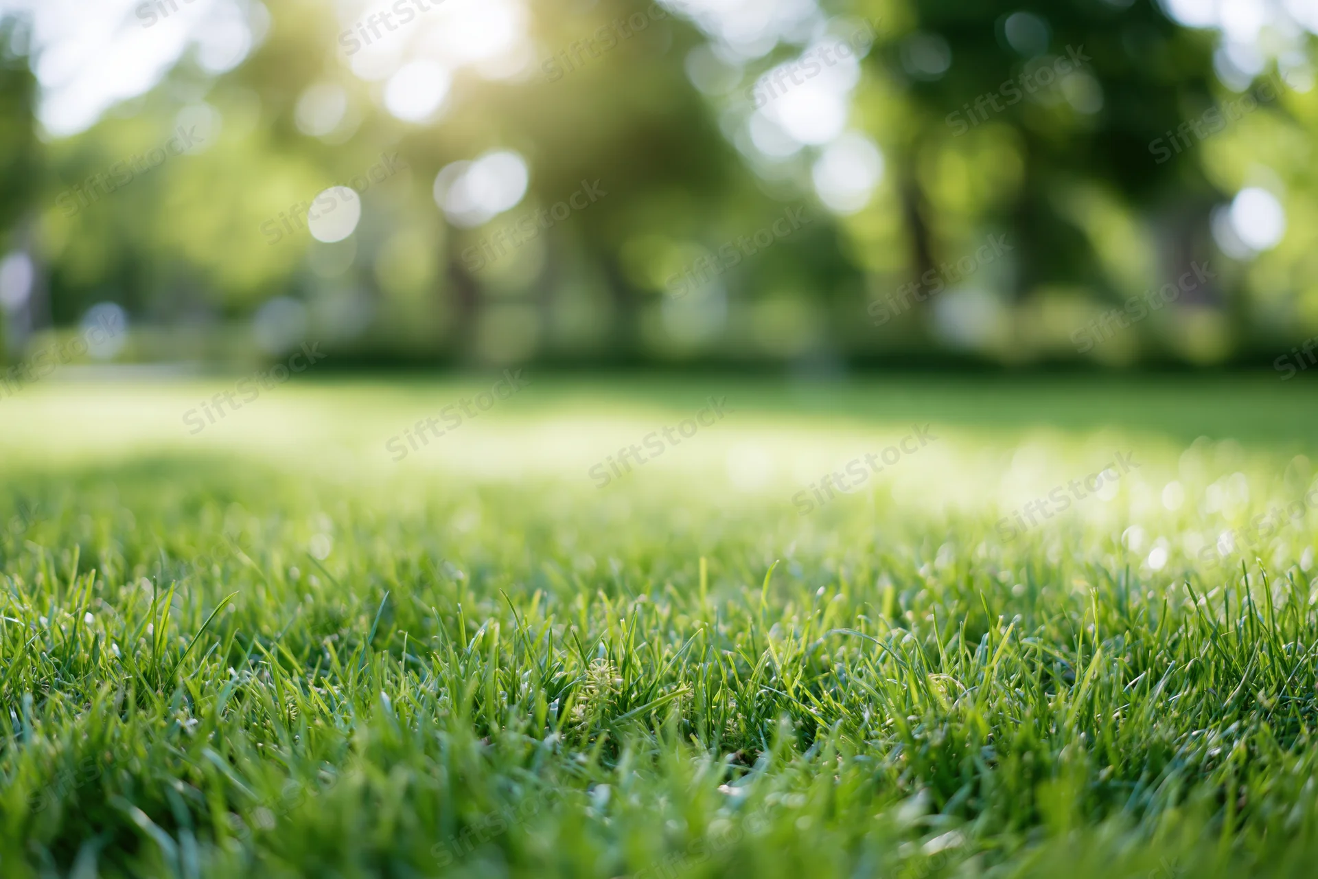 Close ground-level view of lush green grass lawn stretching into a sunlit park with blurred trees in the background