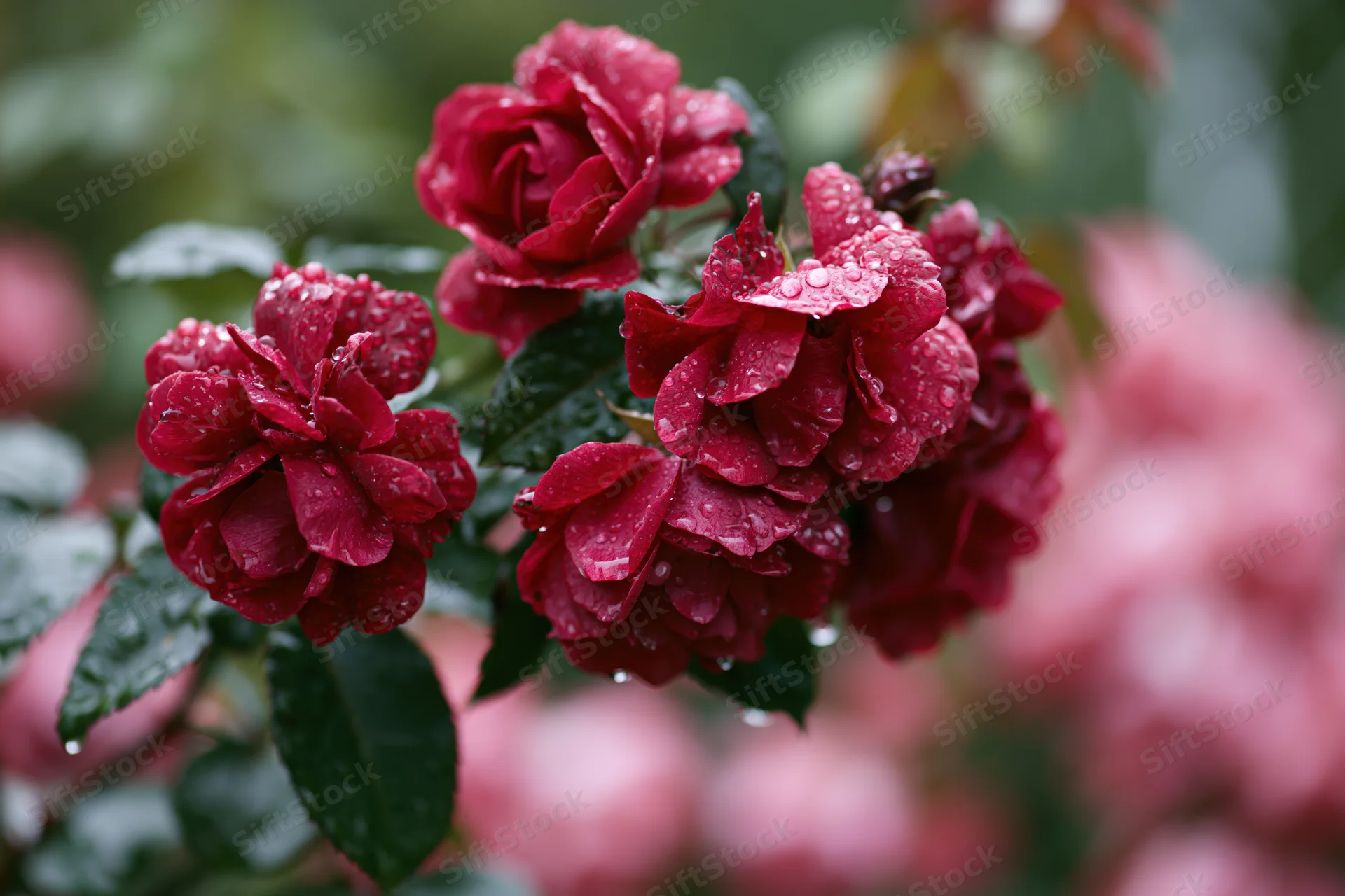 Cluster of deep red roses with rain droplets on petals and green leaves in a garden