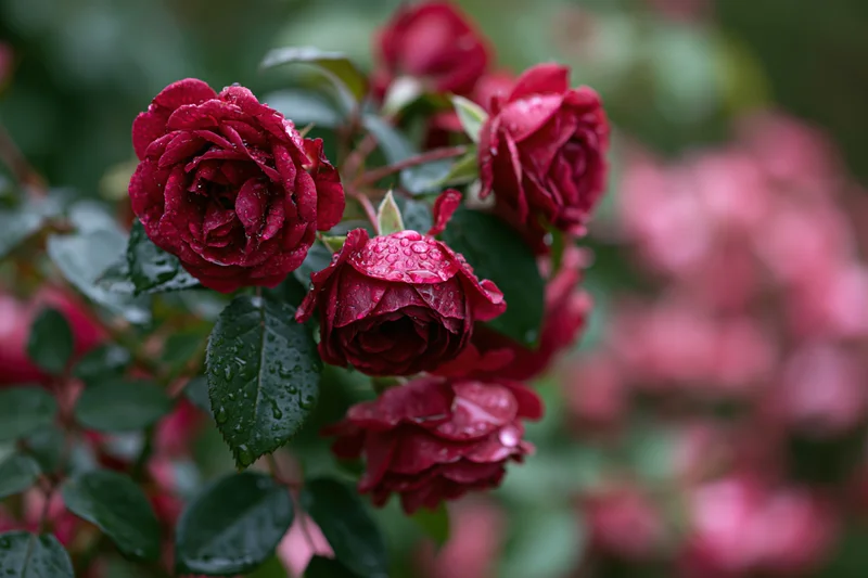 Cluster of deep red roses with rain droplets on petals and leaves in a garden setting