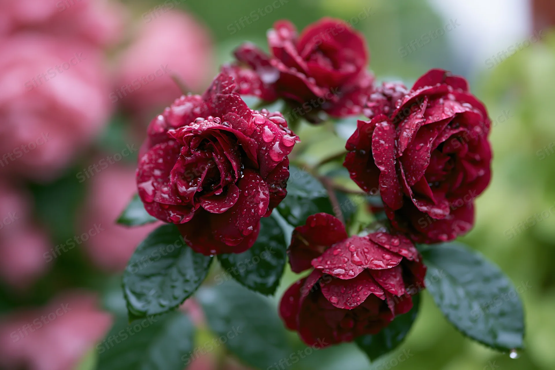 Cluster of deep red roses with rain droplets on petals and leaves in a garden setting