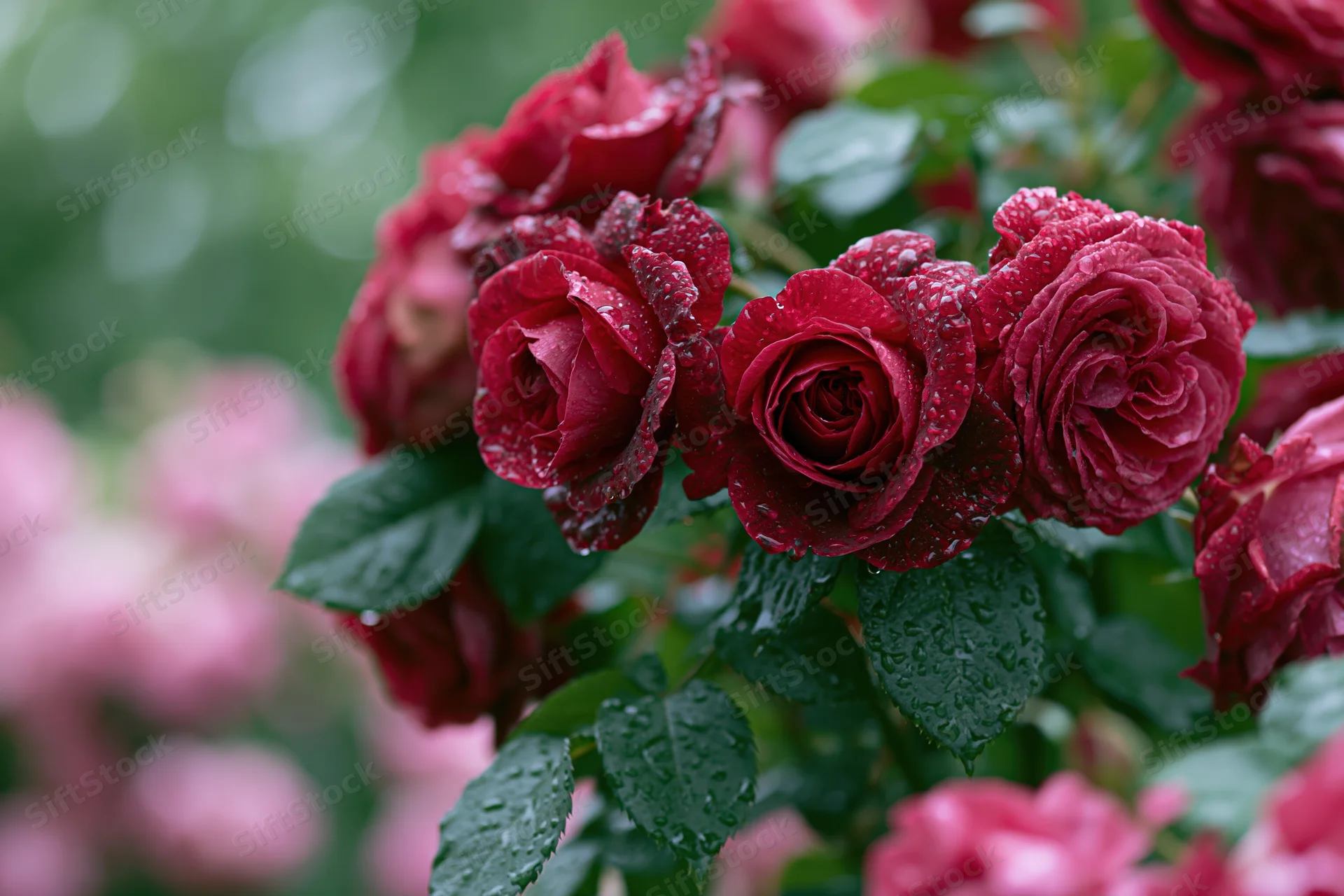 Cluster of deep red roses with rain droplets on petals and green leaves in a garden