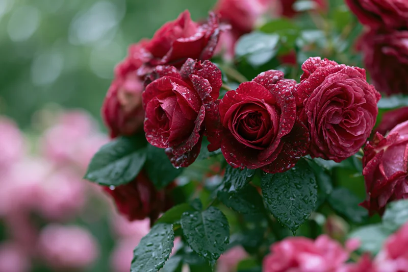 Cluster of deep red roses with rain droplets on petals and green leaves in a garden
