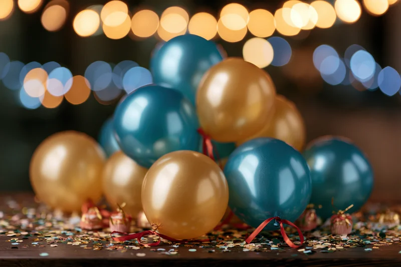Metallic gold and teal balloons with red ribbons and confetti on a wooden table against bokeh lights