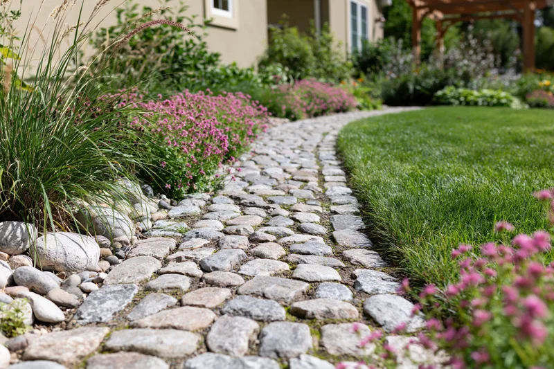 Cobblestone path winding through a landscaped garden with pink flowers and green lawn beside a house
