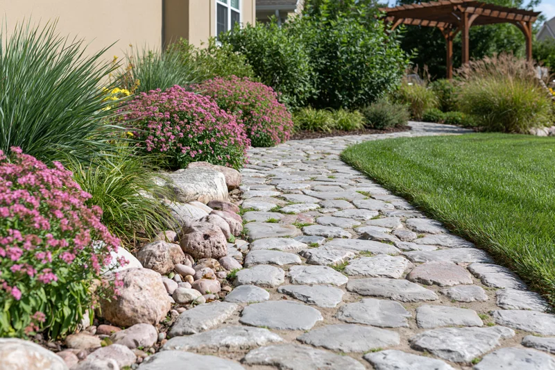 Cobblestone path winding through a landscaped garden with pink flowers and green lawn beside a house