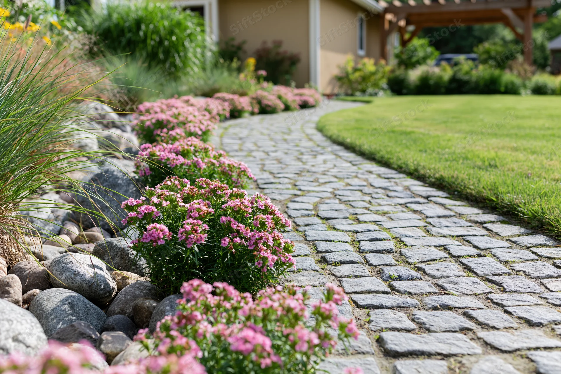 Cobblestone garden path winding through flowerbeds and lawn beside a house