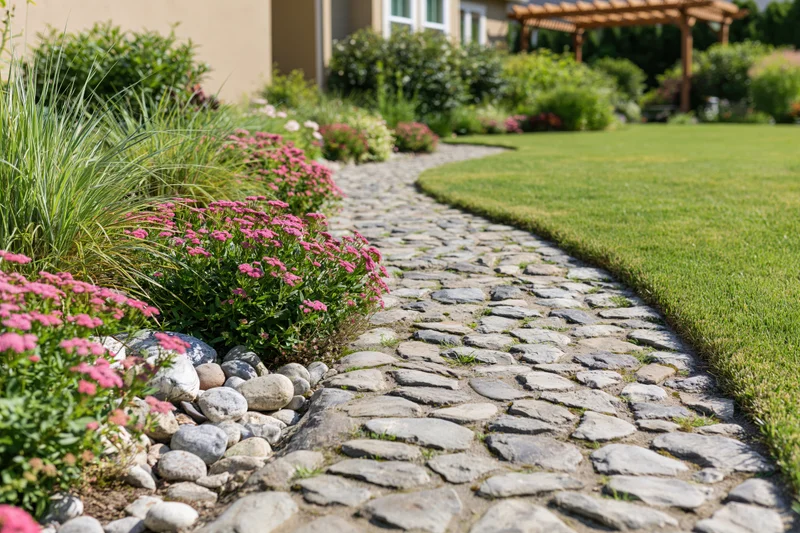 Winding cobblestone path through a landscaped garden with pink flowers and green lawn