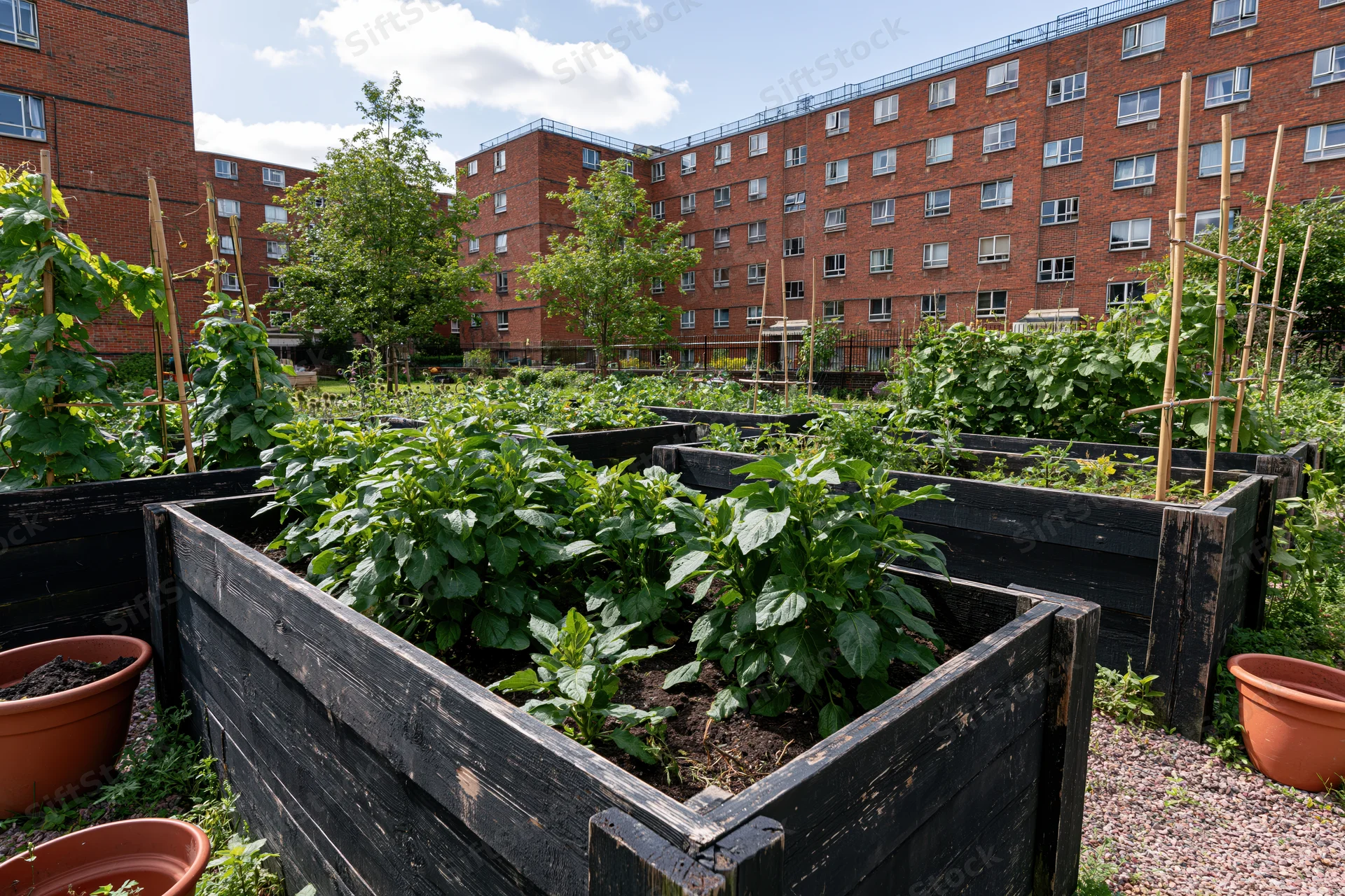 Dark wooden raised planter beds filled with green leafy plants in an urban courtyard surrounded by brick apartment buildings