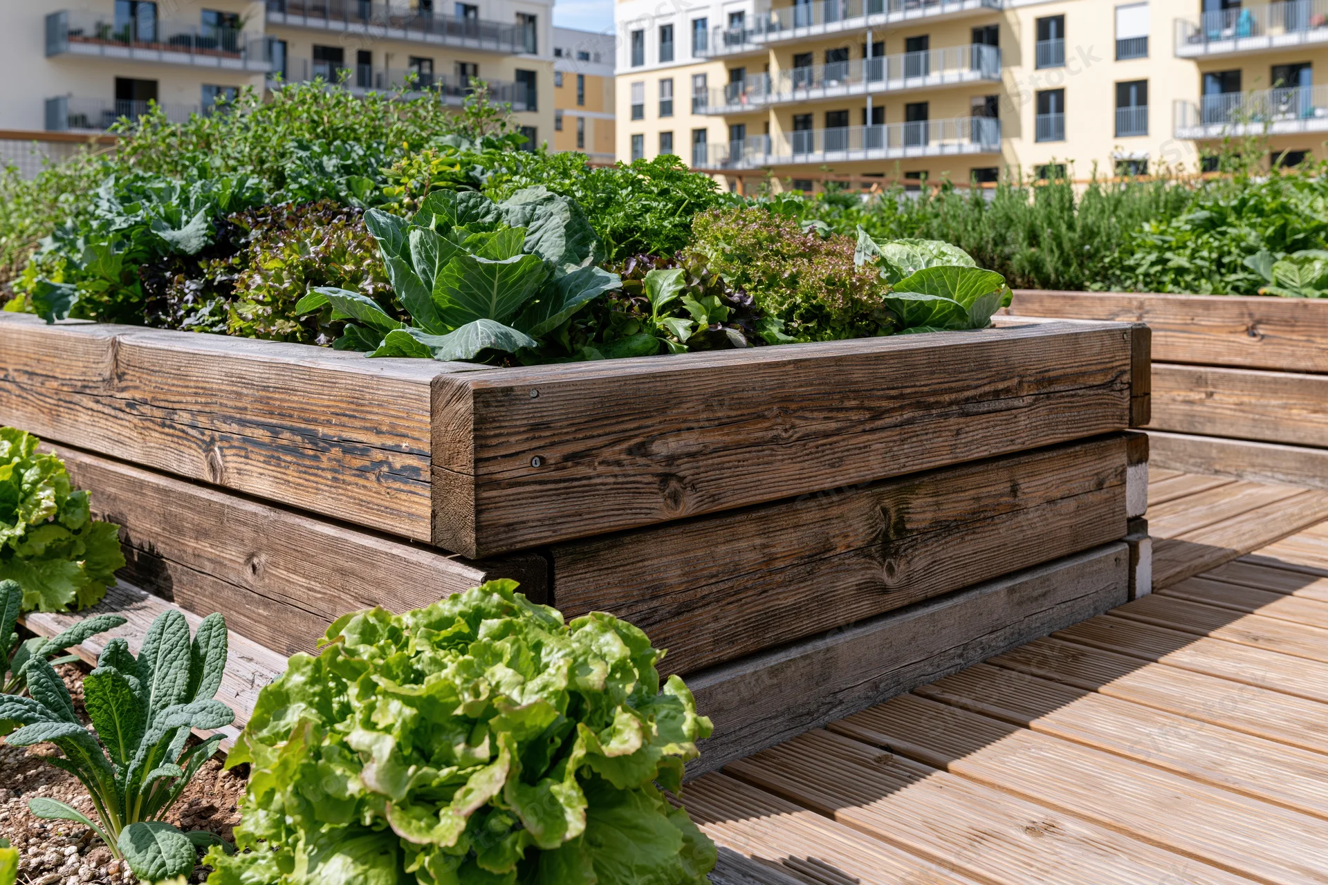 Wooden raised beds filled with leafy vegetables in an urban garden on a wooden deck near apartment buildings