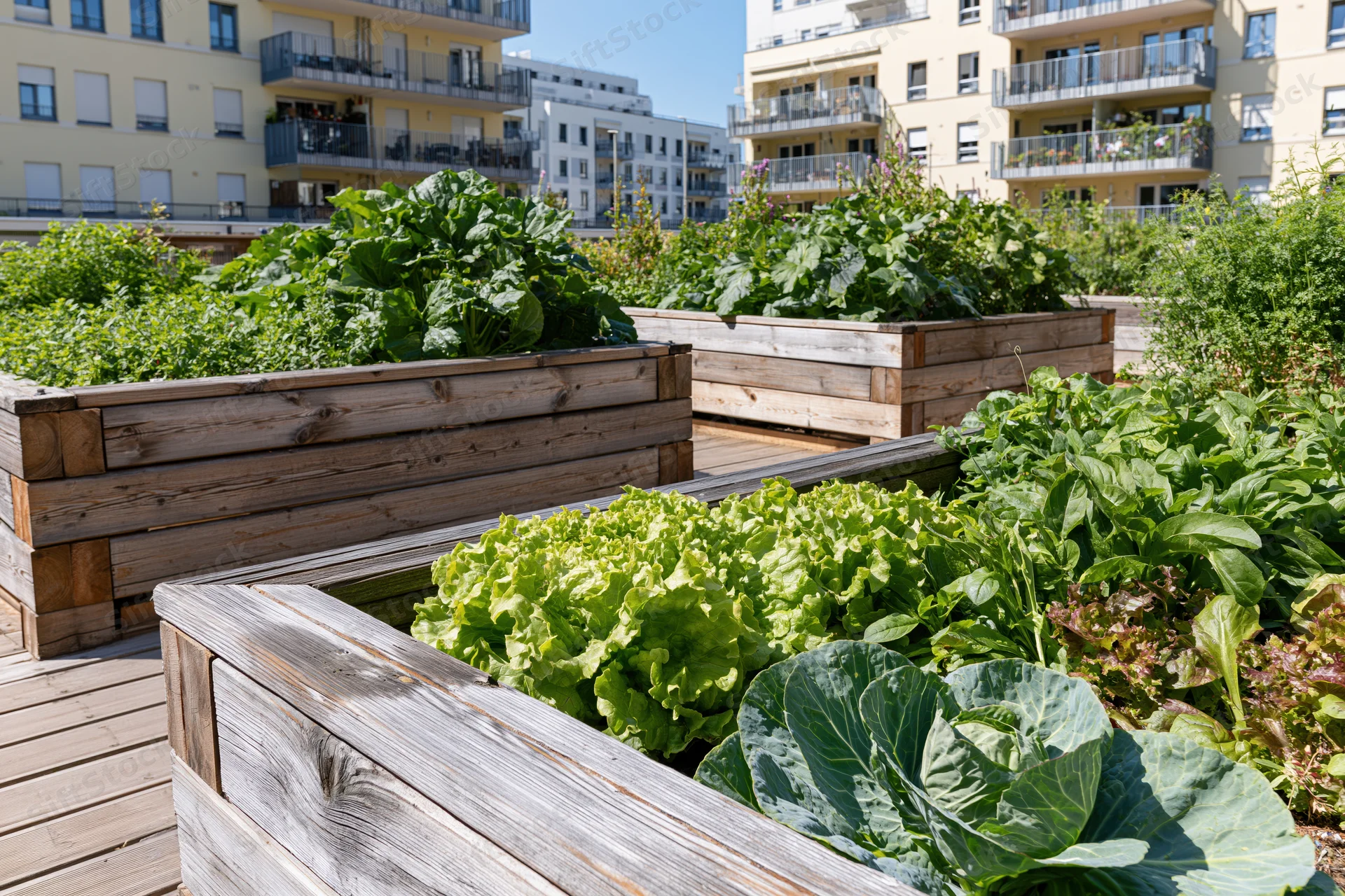 Wooden raised beds filled with leafy vegetables in an urban rooftop garden