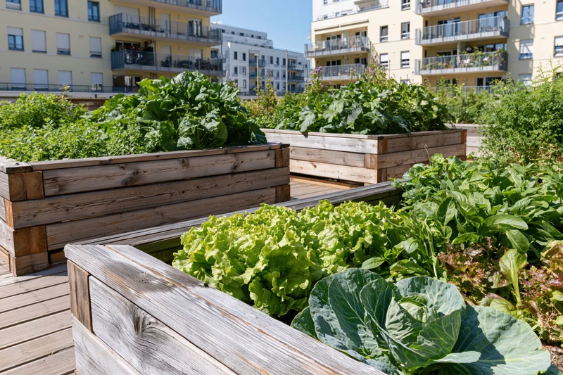 Wooden raised beds filled with leafy vegetables in an urban rooftop garden