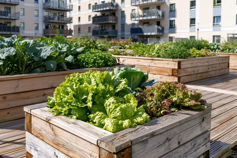 Wooden raised beds filled with leafy vegetables in an urban rooftop garden beside apartment buildings