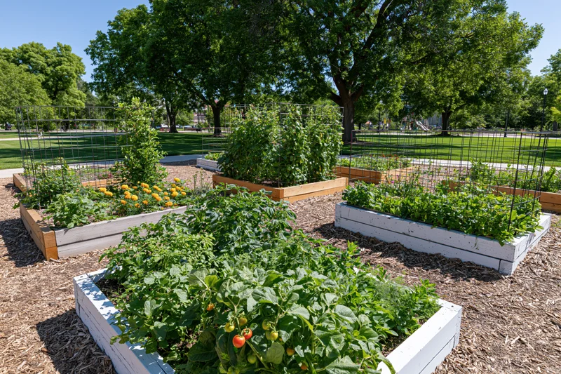 Community vegetable garden with raised wooden beds growing tomatoes and leafy plants in a park setting