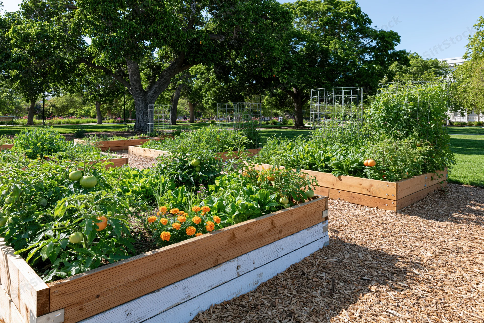 Community vegetable garden with raised wooden beds growing tomatoes and marigolds in a sunny outdoor space