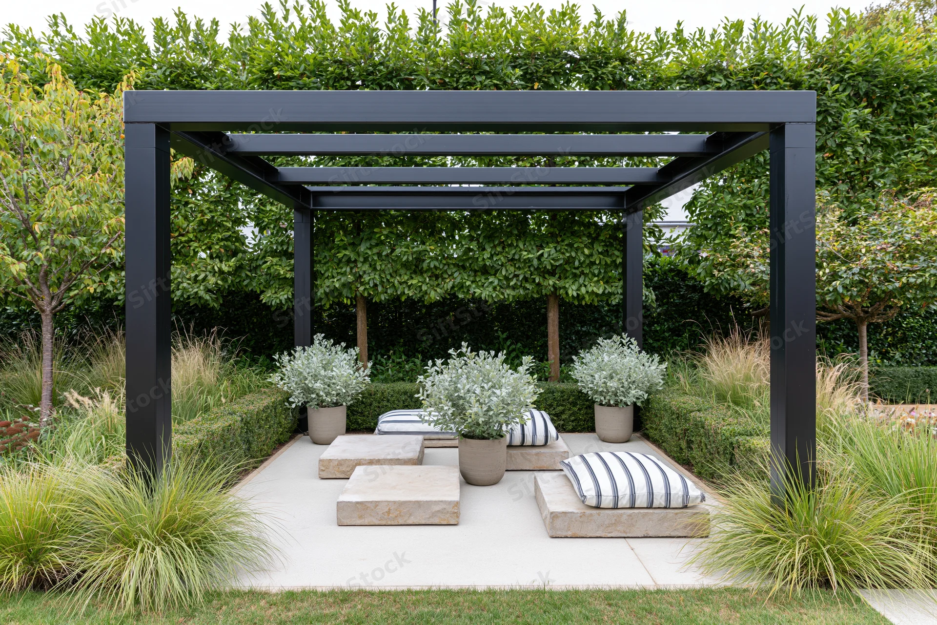 Black steel pergola over low stone seating with potted plants and striped cushions in a contemporary garden