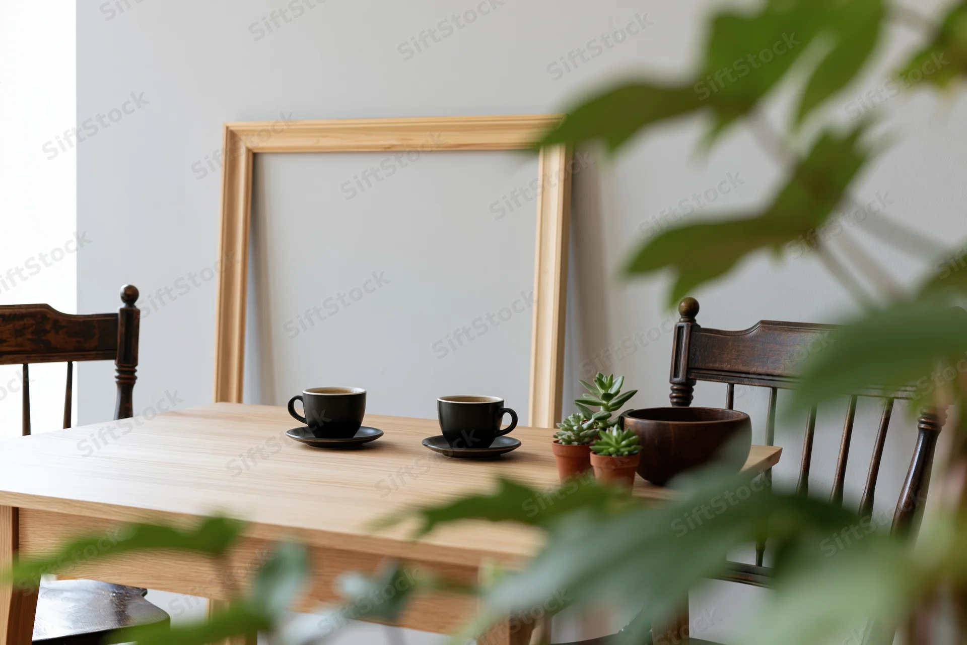 Wooden dining table with two black coffee cups and a blank frame leaning against the wall, flanked by dark wooden chairs, with green foliage in the foreground
