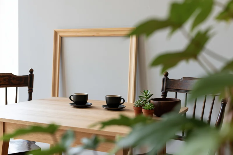 Wooden dining table with two black coffee cups and a blank frame leaning against the wall, flanked by dark wooden chairs, with green foliage in the foreground