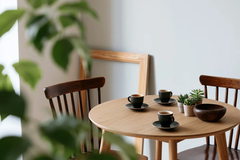 Round wooden table set with coffee cups and small plants in a cozy dining nook with wooden chairs and a blank frame leaning against the wall