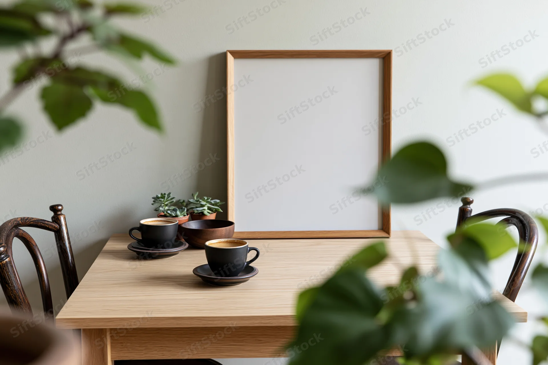 Wooden frame leaning on dining table with coffee cups and plants in a cozy home setting
