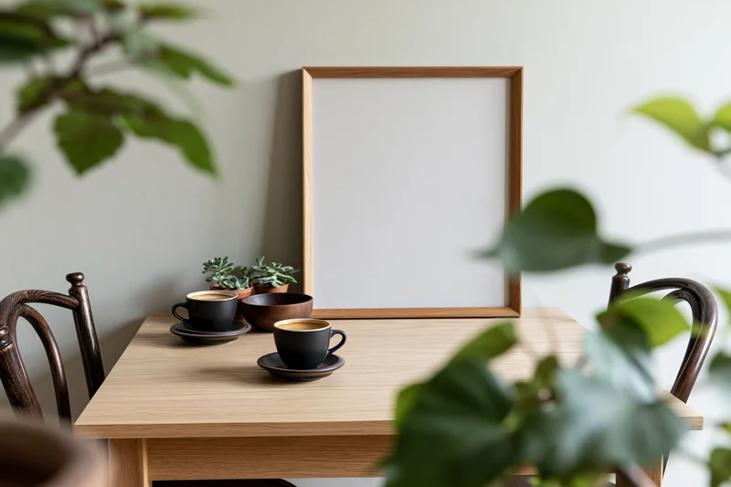 Wooden frame leaning on dining table with coffee cups and plants in a cozy home setting