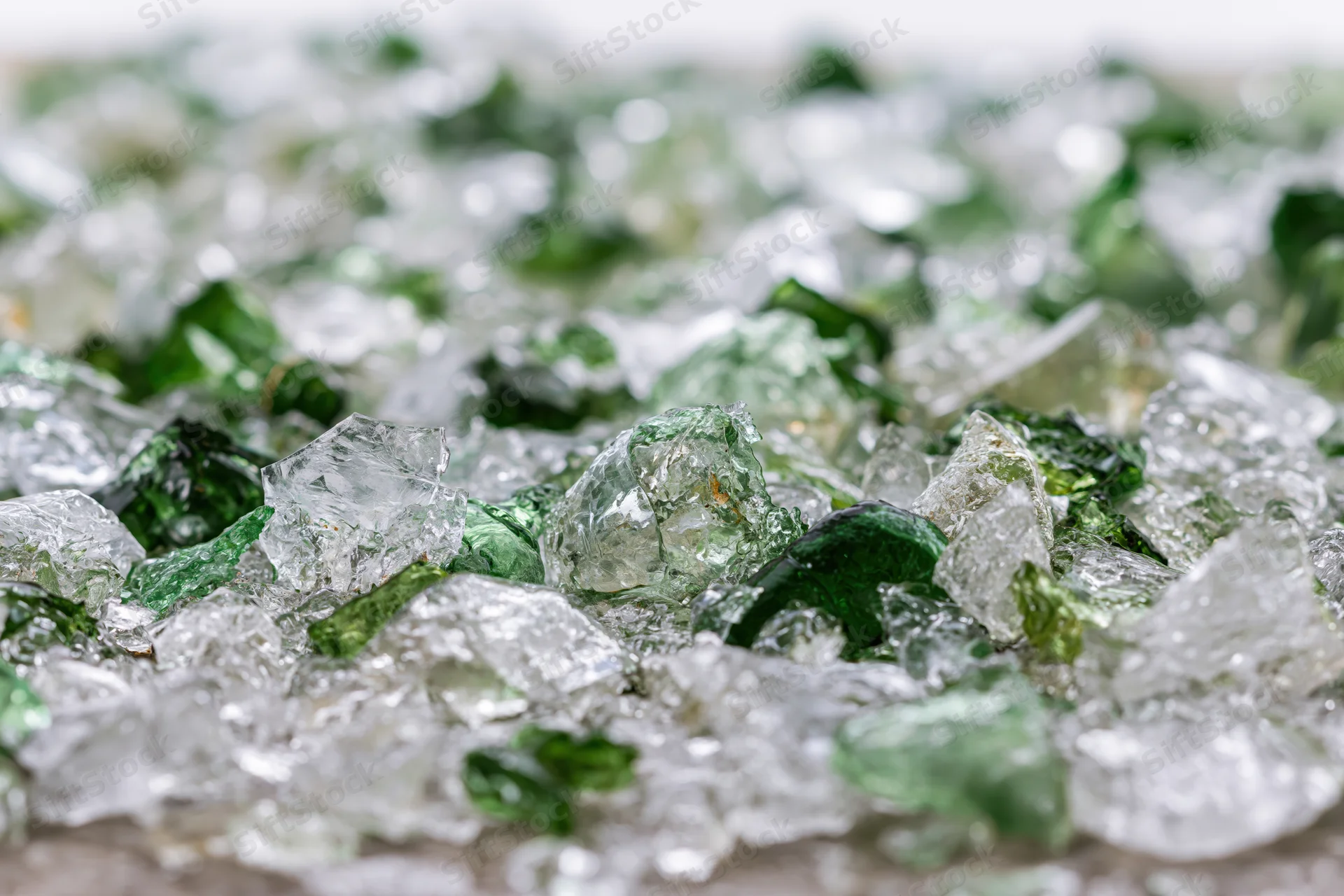 Crushed glass shards scattered densely on a flat surface