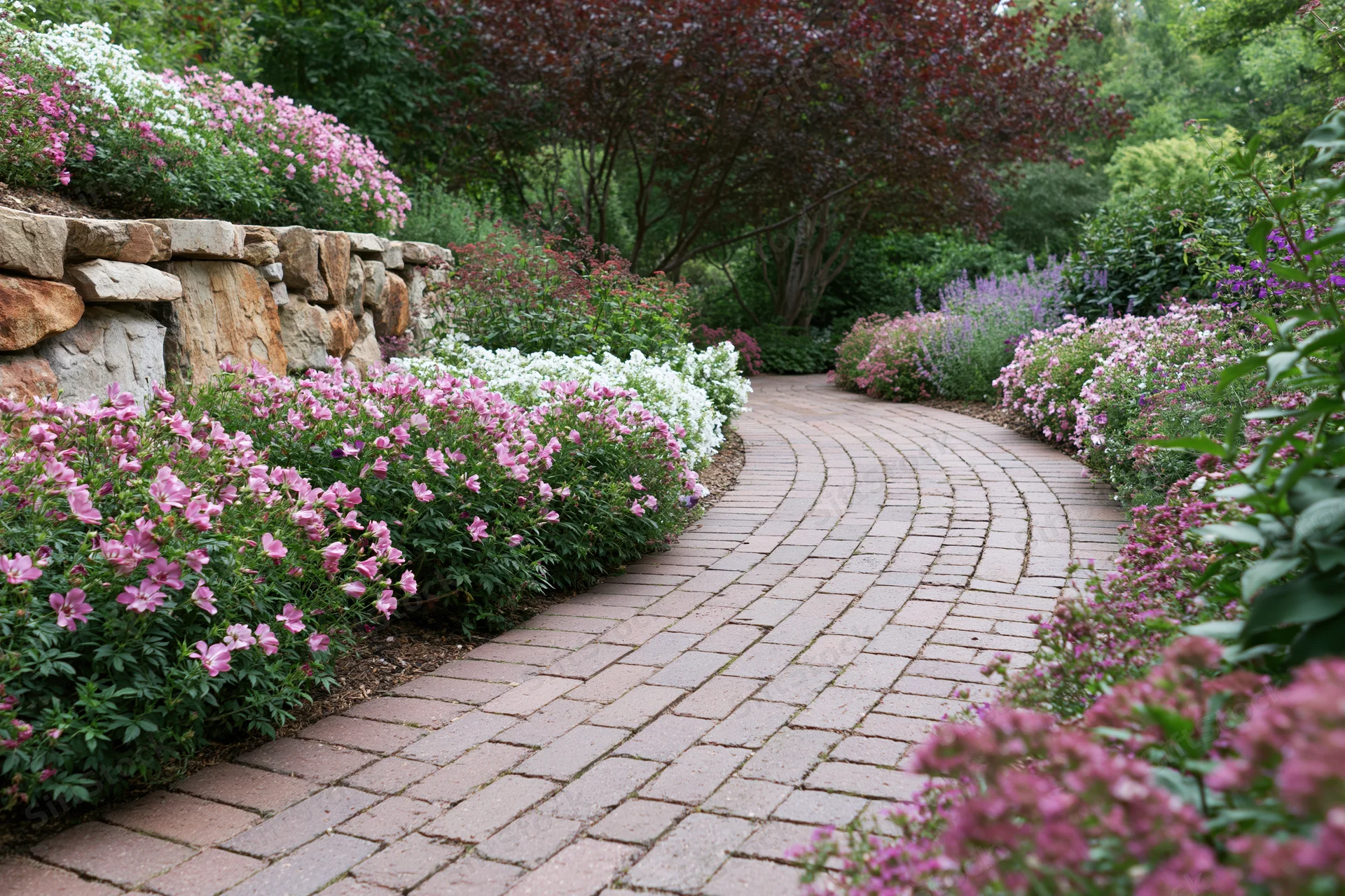 Curved brick paver path winding through flowerbeds in a landscaped garden