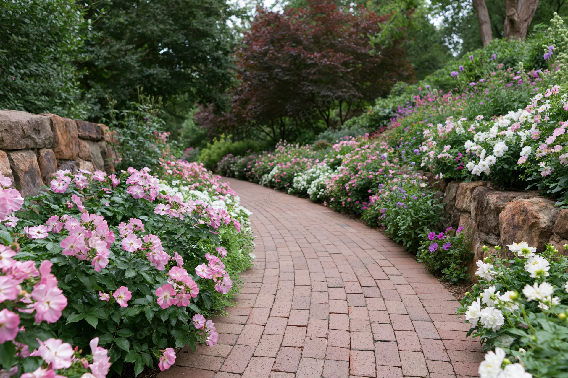 Curved brick path winding through flowerbeds lined with pink and white roses in a lush garden