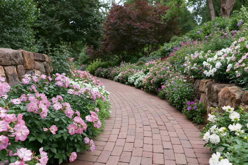 Curved brick path winding through flowerbeds lined with pink and white roses in a lush garden