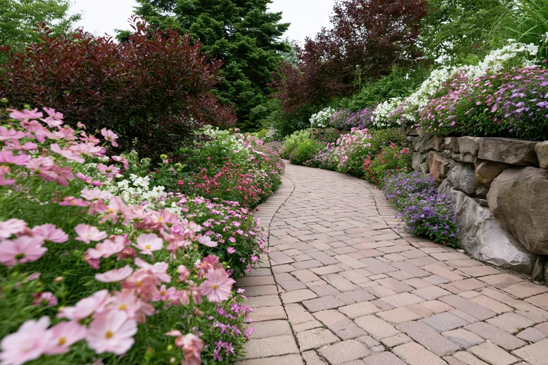 Curved brick paver path winding through flowerbeds bordered by stone wall and shrubs
