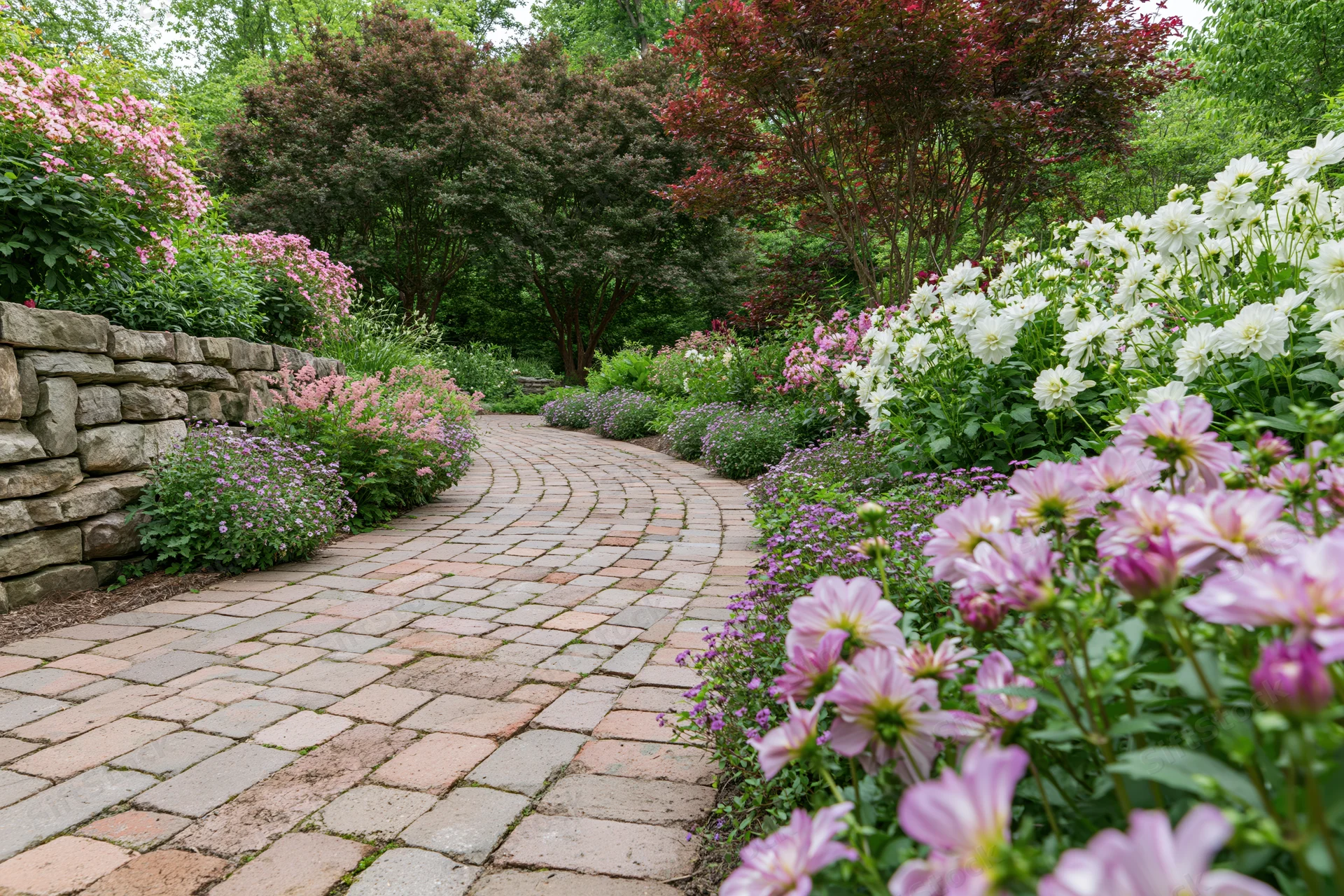 Curved brick paver path winding through blooming flowerbeds in a garden
