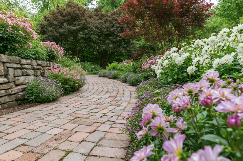 Curved brick paver path winding through blooming flowerbeds in a garden