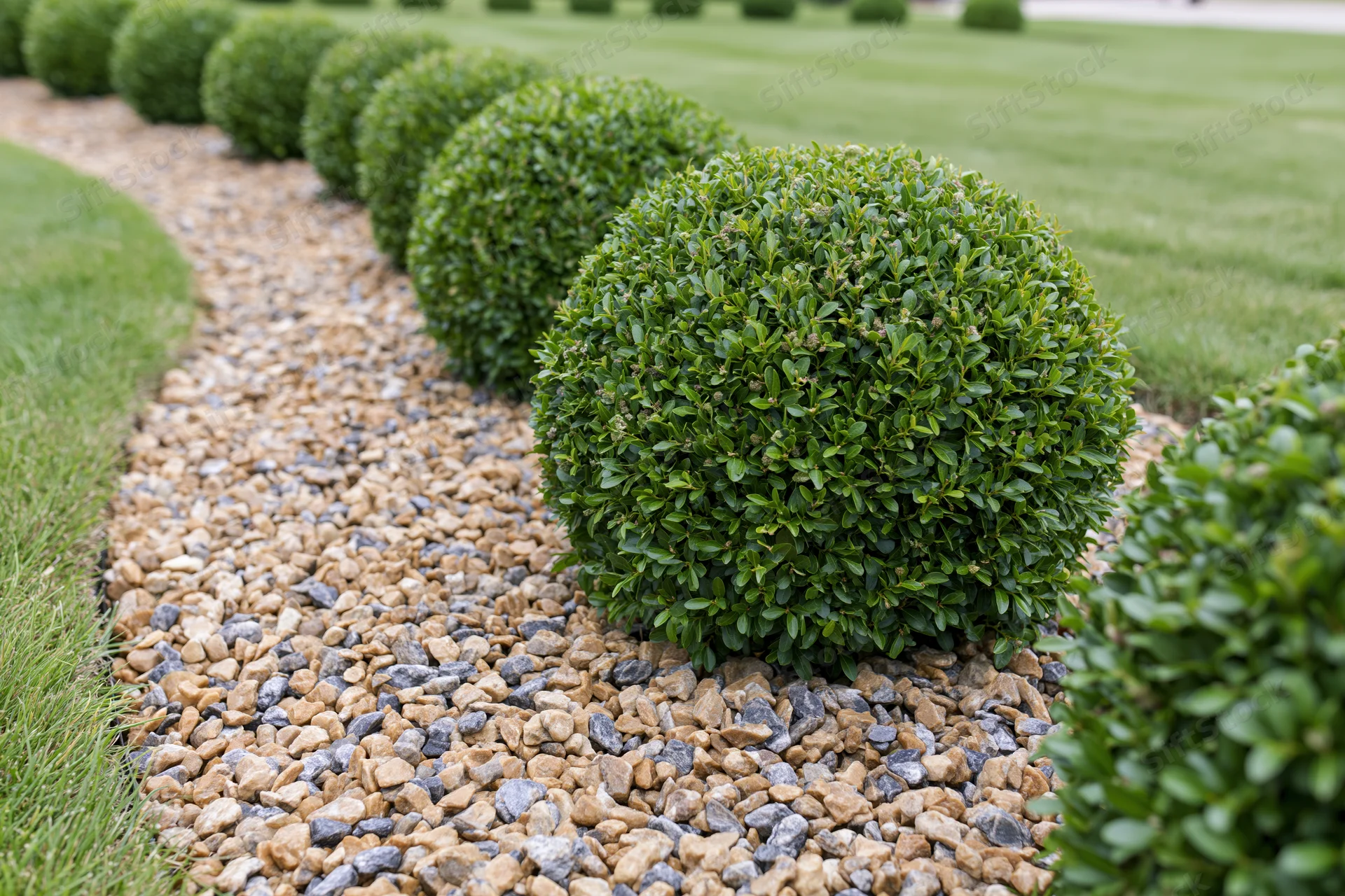 Row of round boxwood topiaries lining a gravel path in a manicured garden