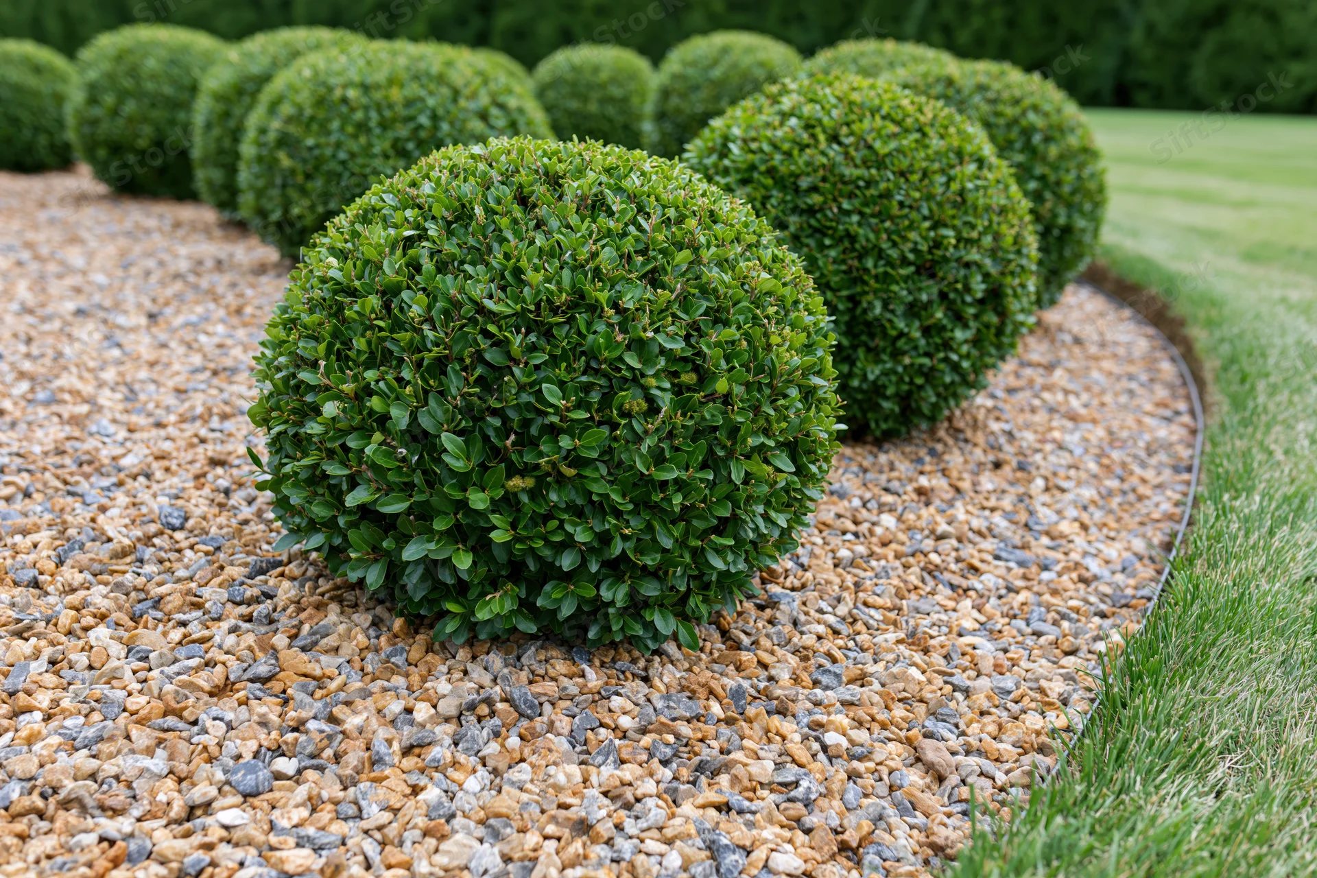 Round boxwood topiaries arranged in a curved border along a gravel path beside a lawn