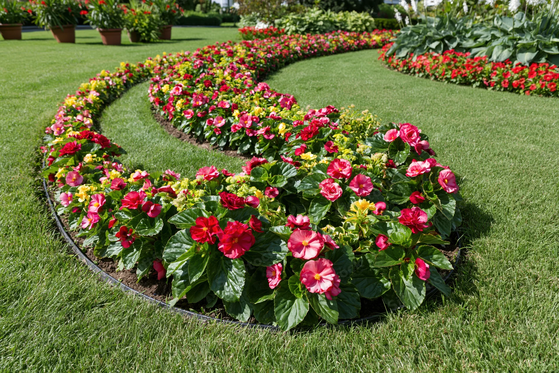 Curving flowerbeds filled with red pink and yellow begonias in a green lawn garden
