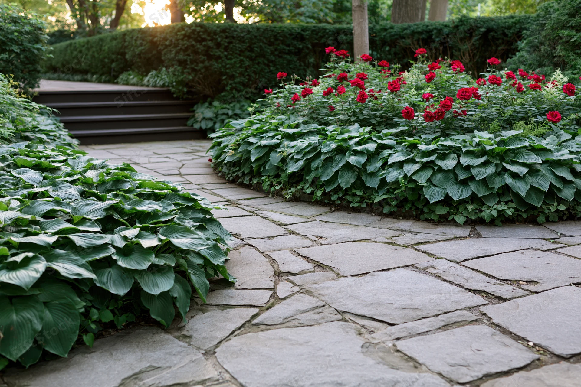 Curved stone path winding through lush green hosta and red roses in a garden setting