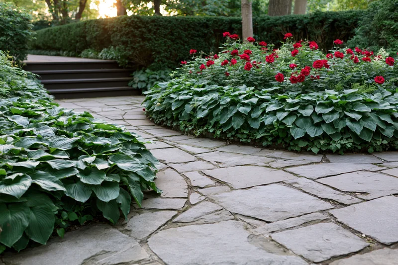 Curved stone path winding through lush green hosta and red roses in a garden setting