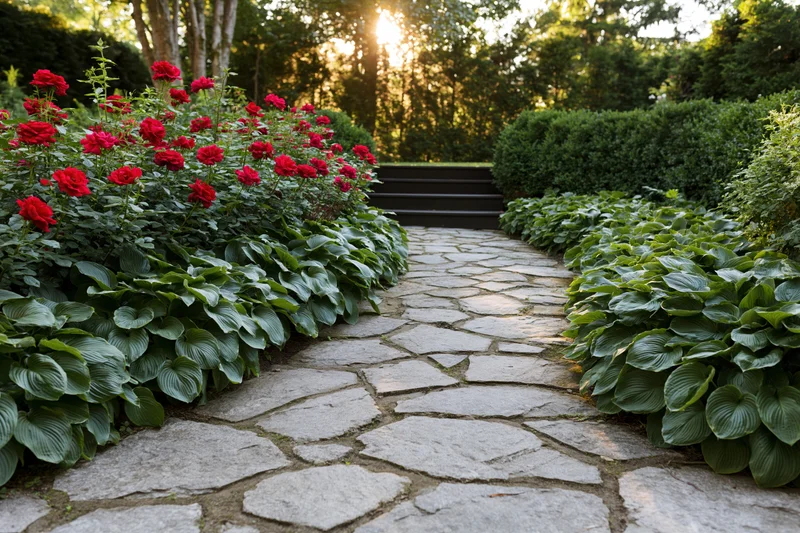 Curved stone path lined with red roses and green hostas in a garden at sunset