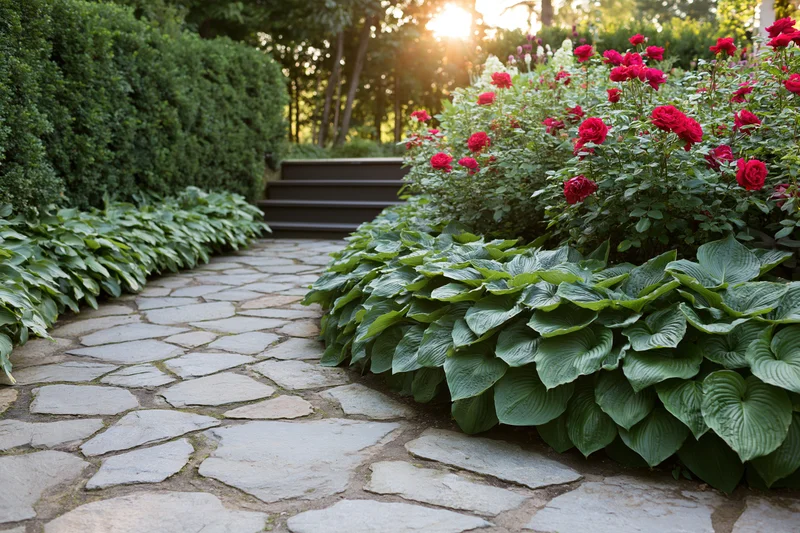 Curved stone path lined with hostas and red roses leading through a garden at sunset