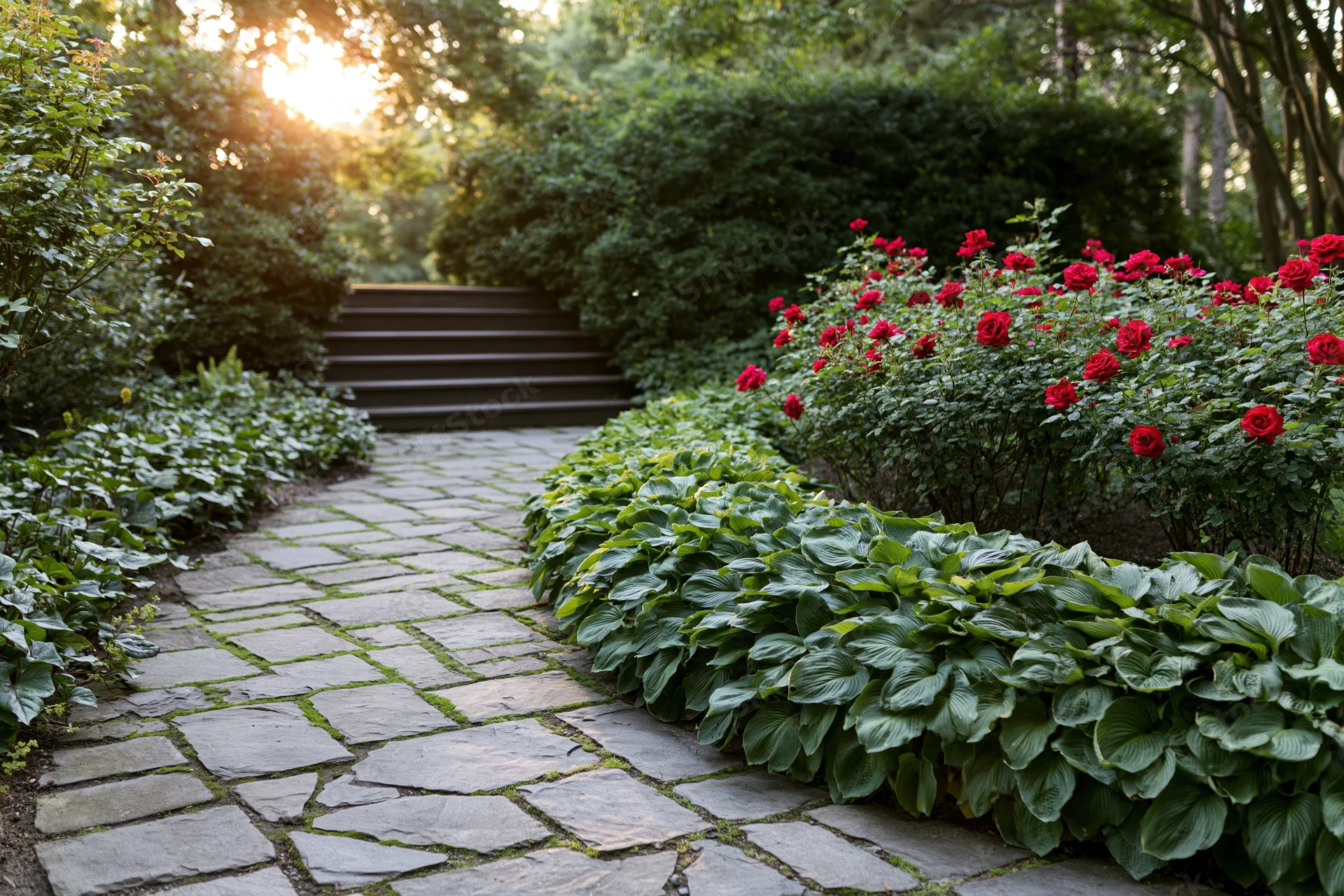 Curved stone path lined with hostas and red roses leading to steps in a garden at dusk
