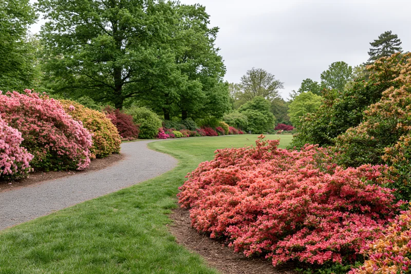 Curved gravel path winding through a botanical garden with blooming rhododendrons and green lawns