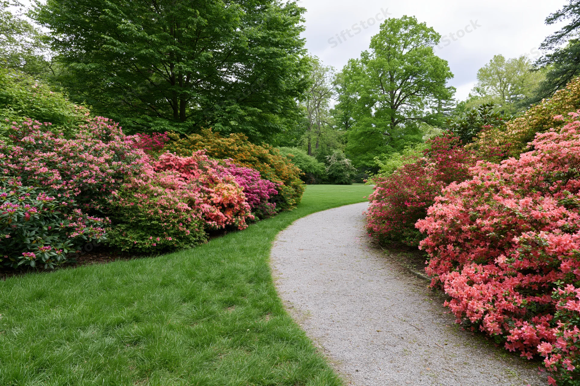 Curved gravel path winding through a botanical garden lined with blooming azalea shrubs and green trees