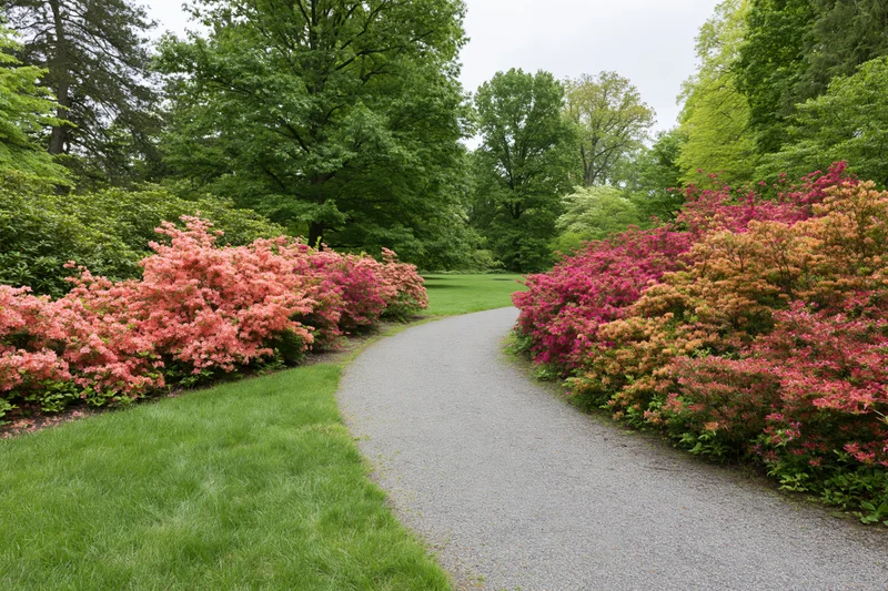 Curved gravel path winding through a formal botanical garden lined with blooming rhododendrons and green trees