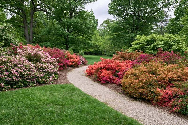 Curved gravel path winding through a formal botanical garden lined with blooming azalea shrubs and green trees