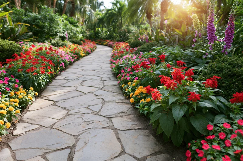 Curved flagstone path winding through colorful flowerbeds in a lush garden