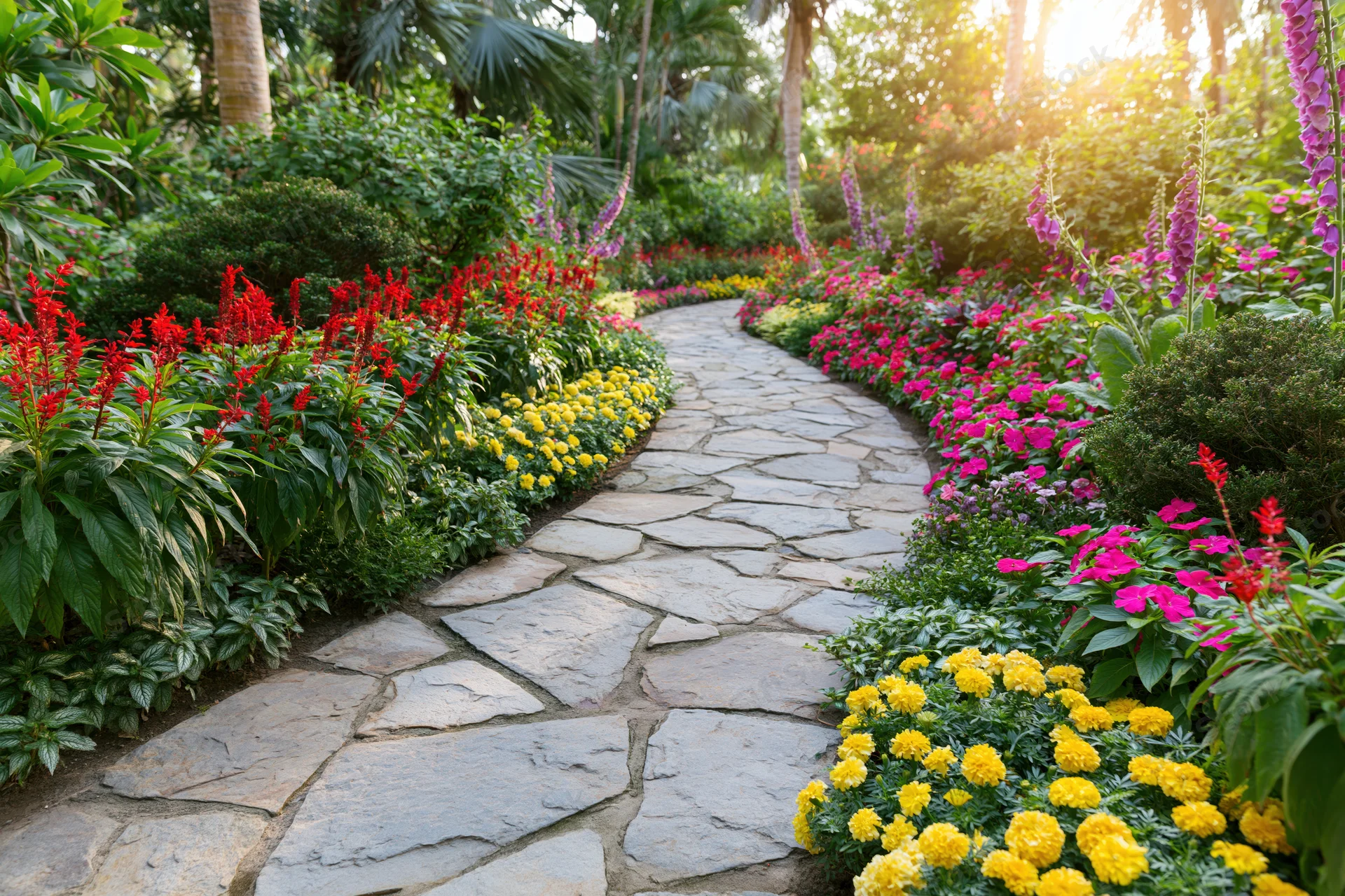Curved flagstone path winding through colorful flowerbeds in a lush garden
