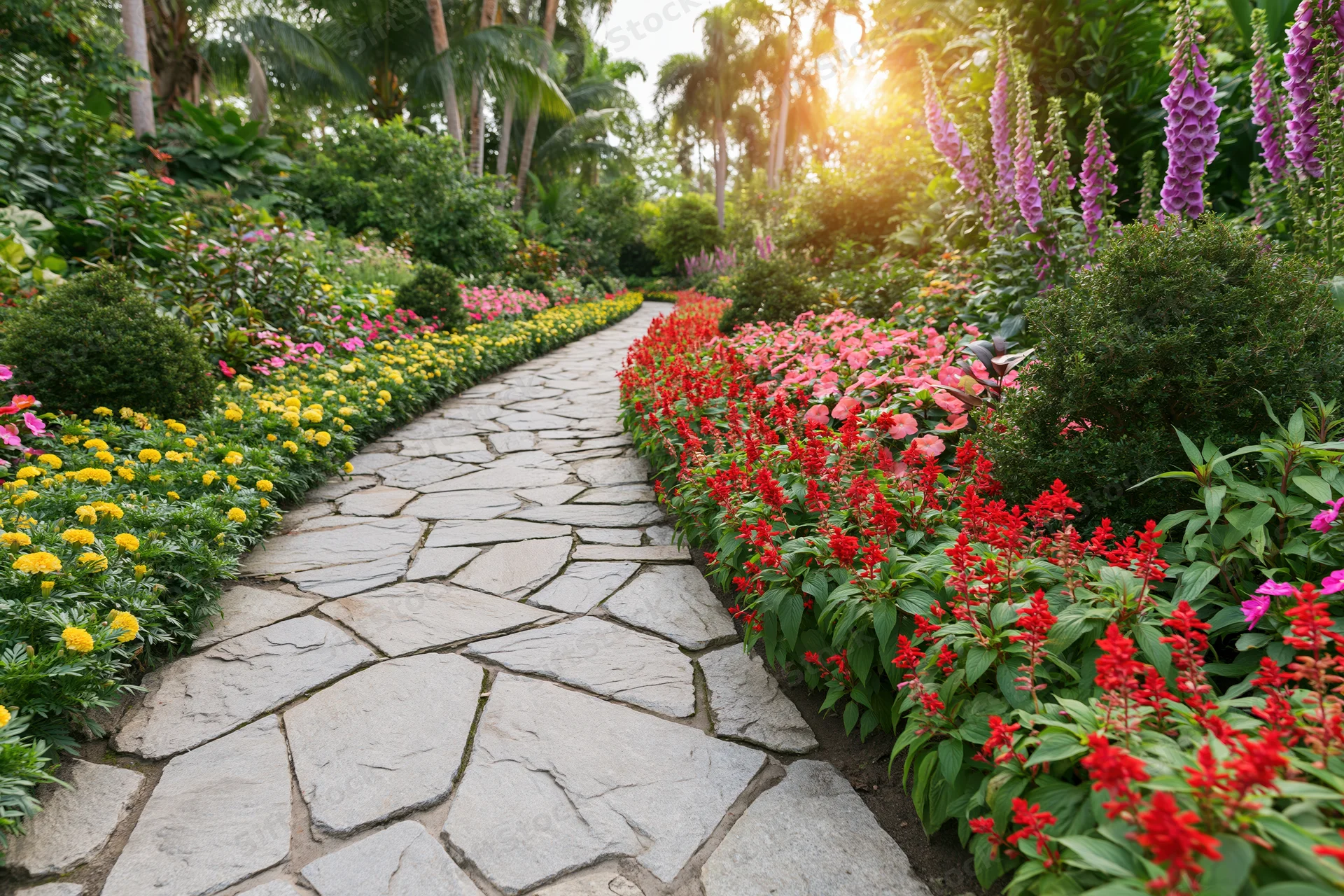 Curved flagstone path winding through colorful flowerbeds in a lush garden at sunrise