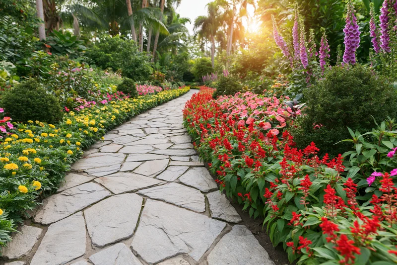 Curved flagstone path winding through colorful flowerbeds in a lush garden at sunrise
